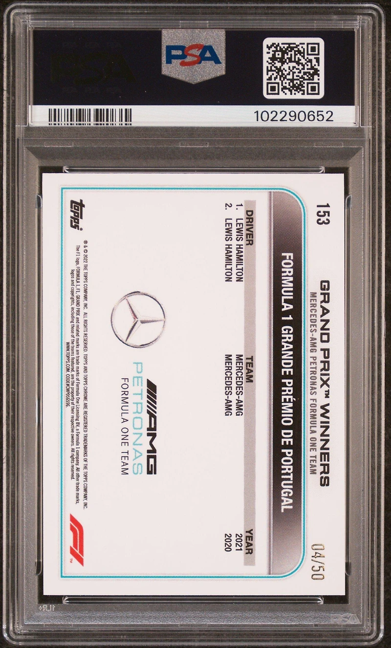 2022 Topps Chrome Formula 1 153 Lewis Hamilton Gold Checker Flag Refractor PSA 10