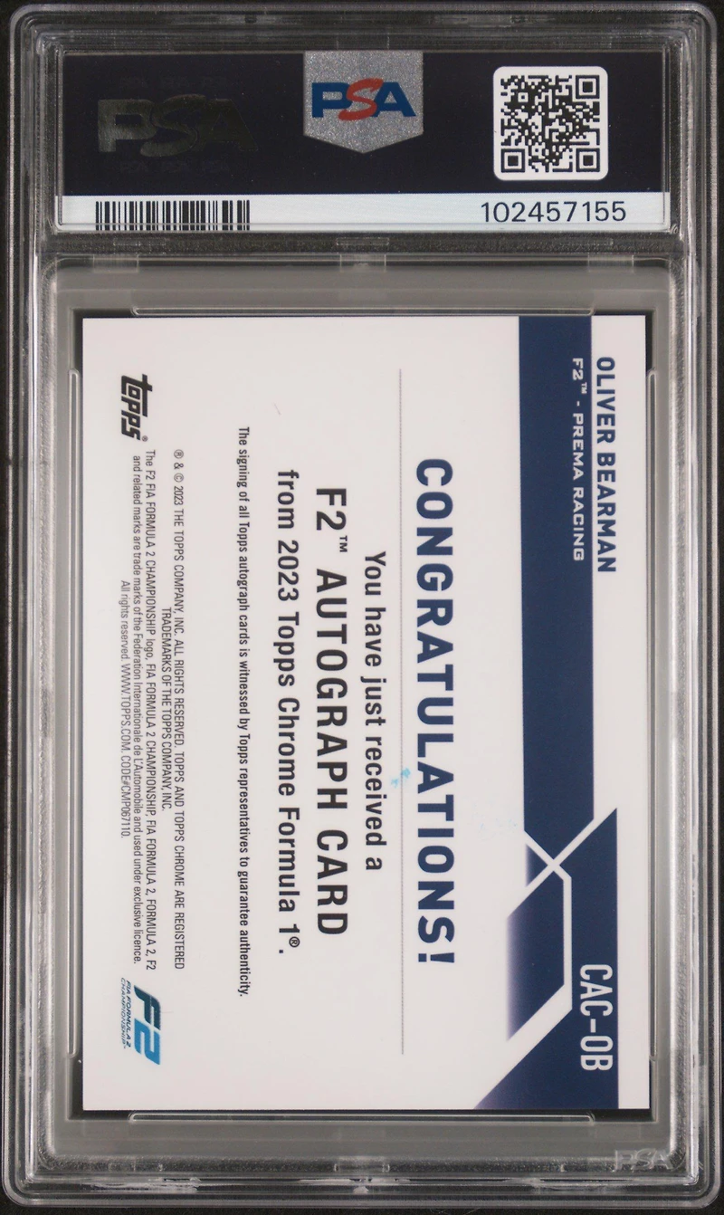 2023 Topps Chrome Formula 1 Chrome Autographs Cacob Oliver Bearman Green Refractor PSA 9