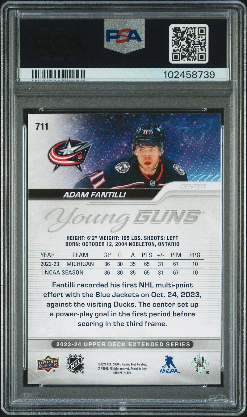 2023 Upper Deck 711 Adam Fantilli Outburst PSA 8