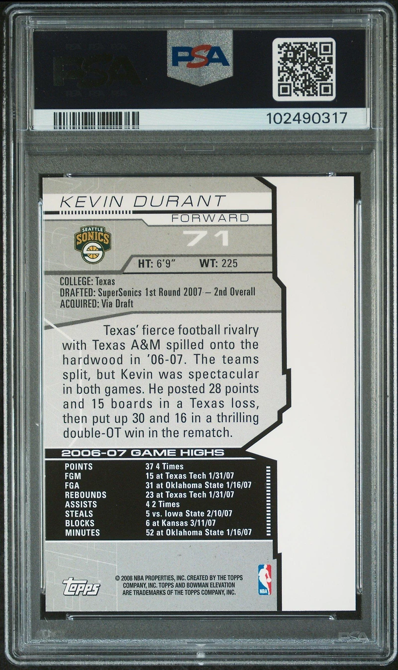 2007 Bowman Elevation 71 Kevin Durant PSA 9