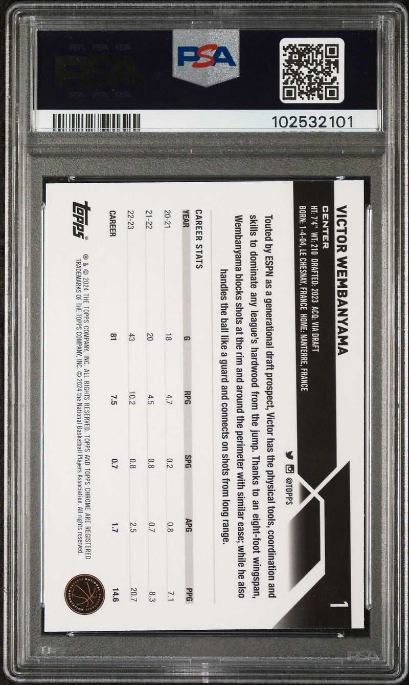 2023 Topps Chrome 1 Victor Wembanyama Green Topps Refractor PSA