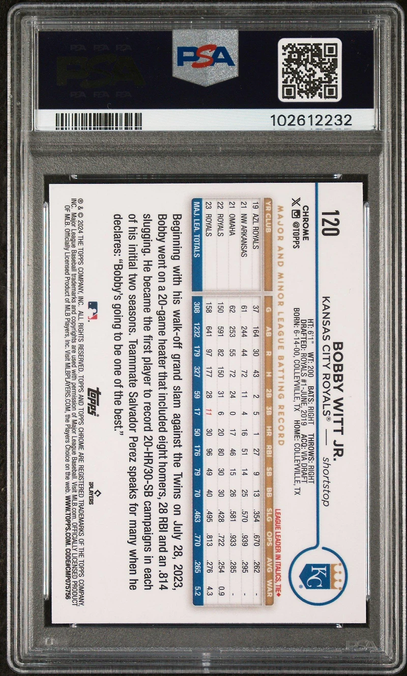 2024 Topps Chrome 120 Bobby Witt Jr. Lightboard Logo PSA 10