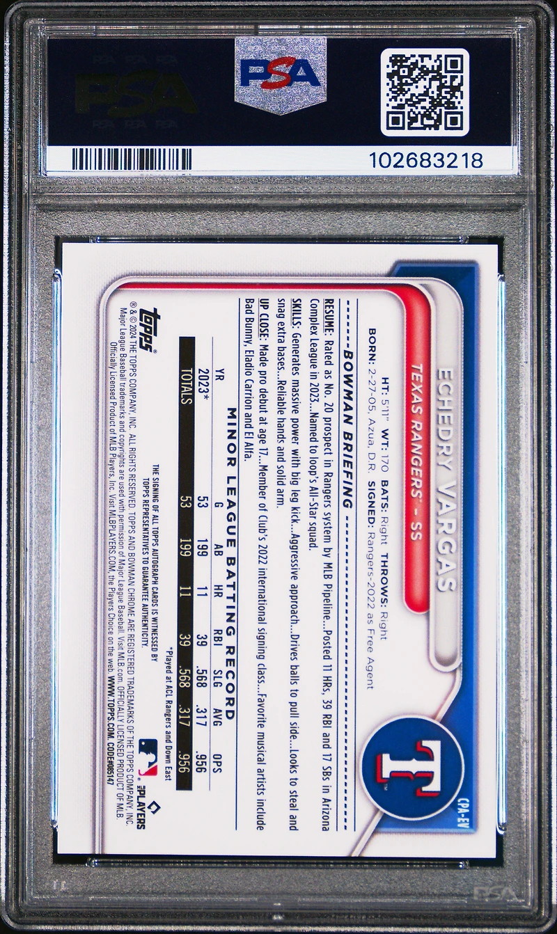 2024 Bowman Chrome Prospect Autographs Cpaev Echedry Vargas Blue Refractor PSA 9