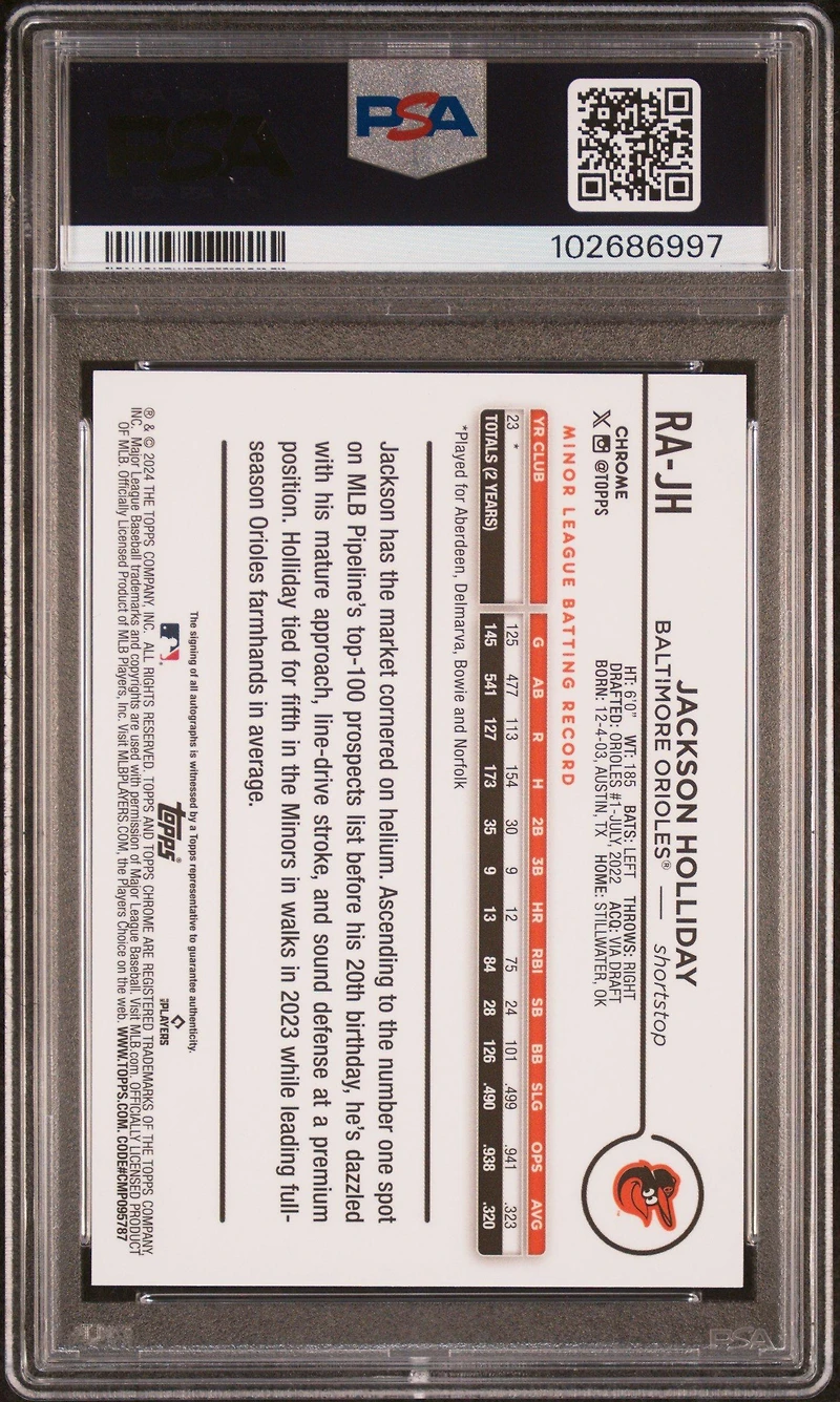 2024 Topps Chrome Update Chrome Rookie Autographs Rajh Jackson Holliday Aqua/blue Lava Lamp PSA 10