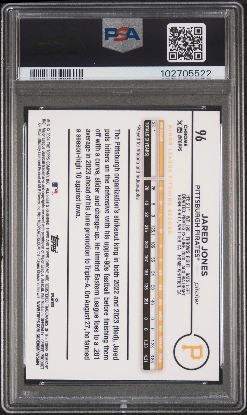 2024 Topps Chrome 96 Jared Jones PSA 10