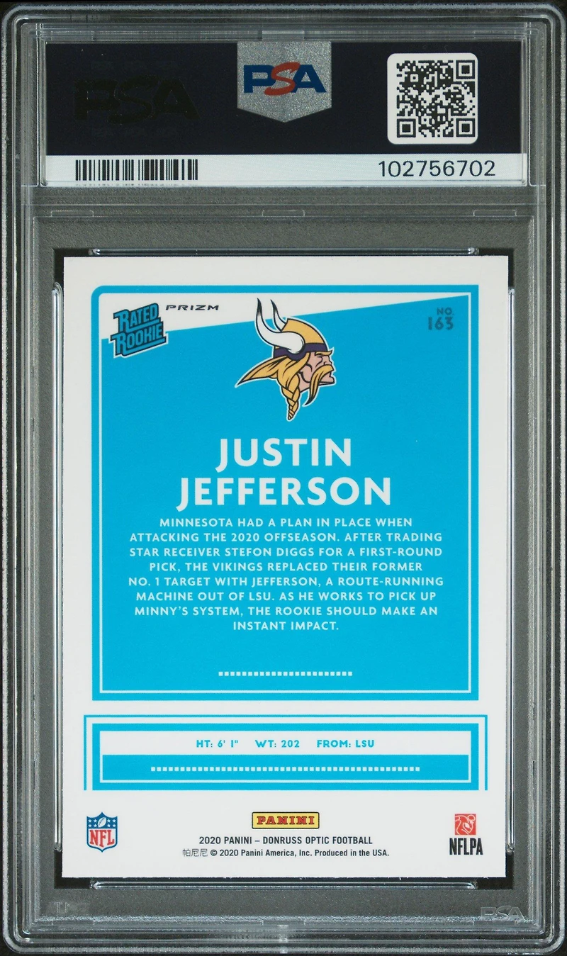 2020 Panini Donruss Optic 163 Justin Jefferson Purple Shock PSA