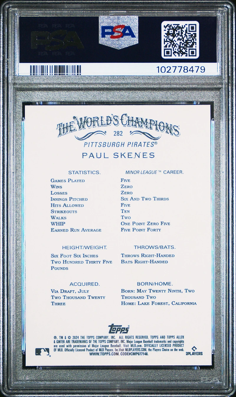 2024 Topps Allen & Ginter 282 Paul Skenes PSA 10