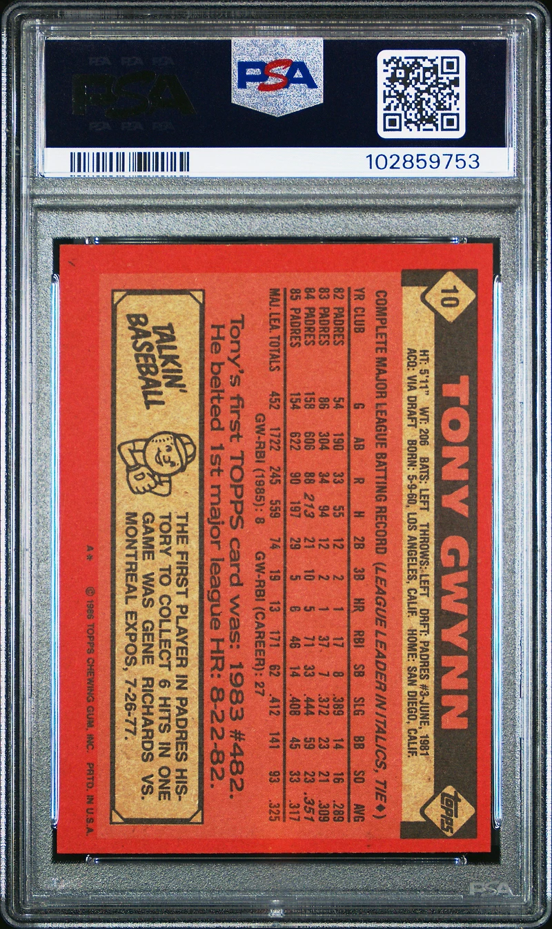 1986 Topps 10 Tony Gwynn PSA 9
