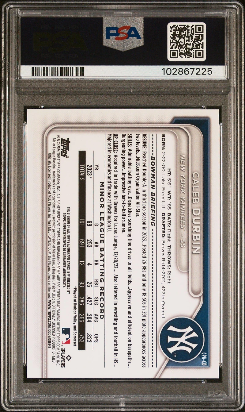 2024 Bowman Chrome Prospect Autographs Cpacd Caleb Durbin PSA 10