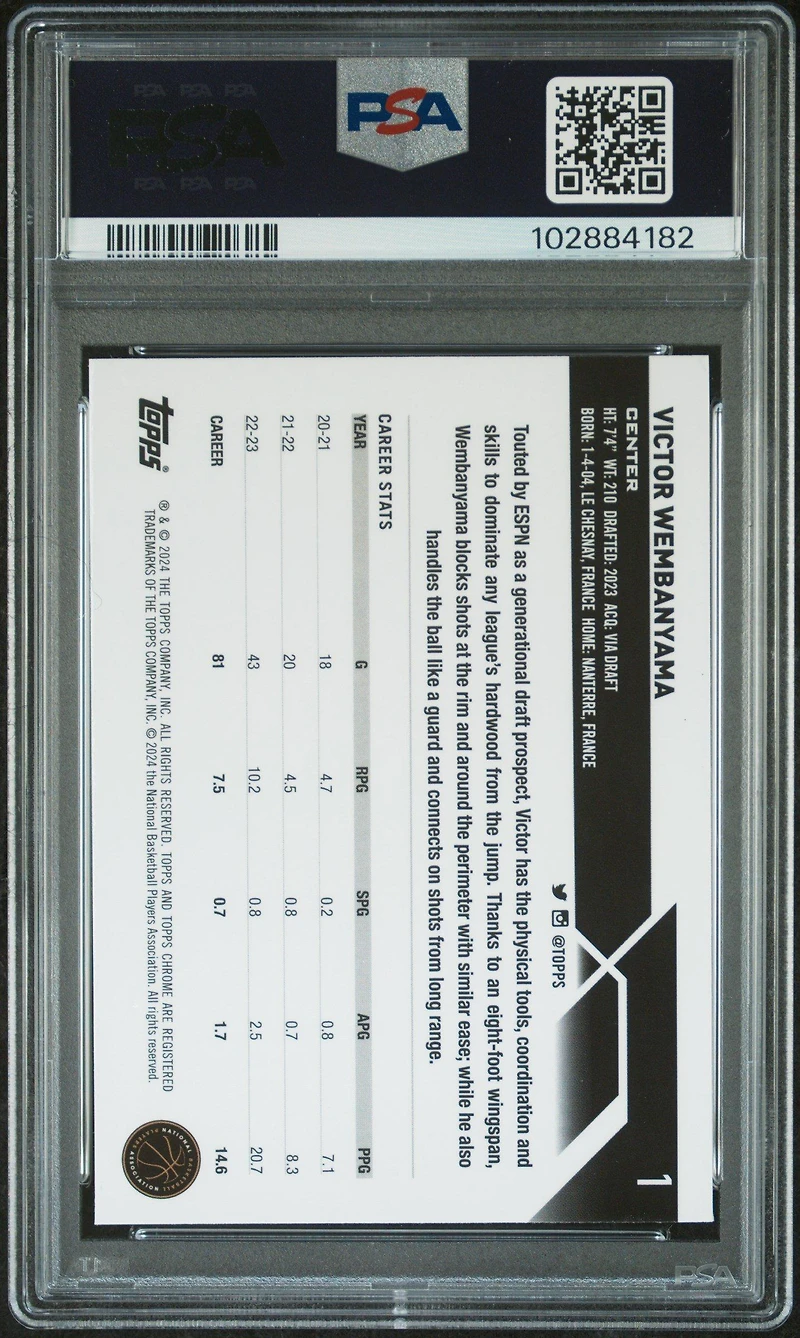 2023 Topps Chrome 1 Victor Wembanyama Prism Refractor PSA 9