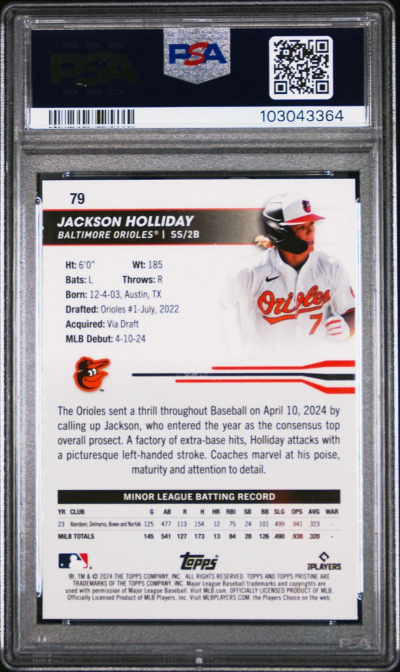2024 Topps Pristine 79 Jackson Holliday Purple Refractor PSA 10