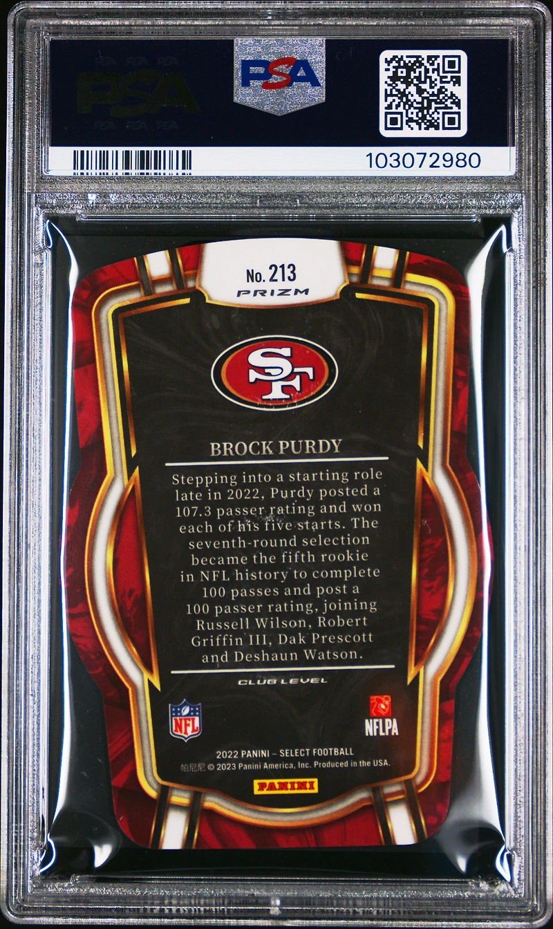 2022 Panini Select 213 Brock Purdy Die-cut Black/ Prizm PSA