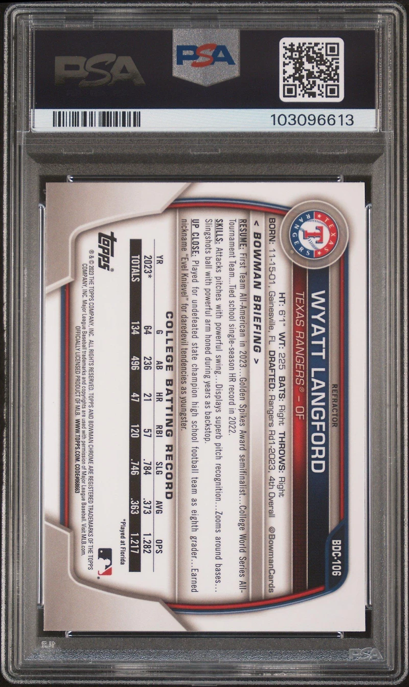 2023 Bowman Draft Bdc106 Wyatt Langford Chrome-refractor PSA