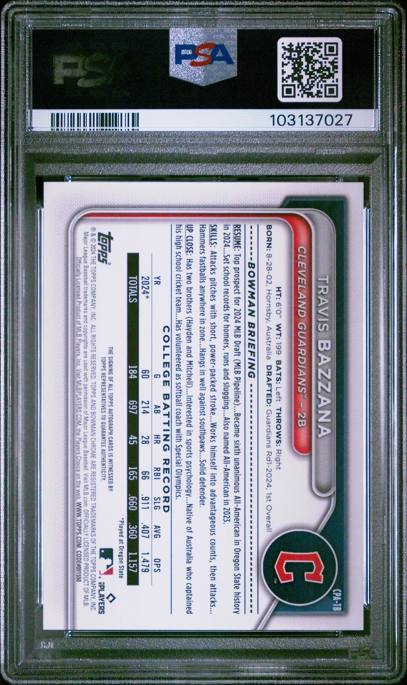 2024 Bowman Draft Chrome Prospect Autographs Cpatb Travis Bazzana PSA