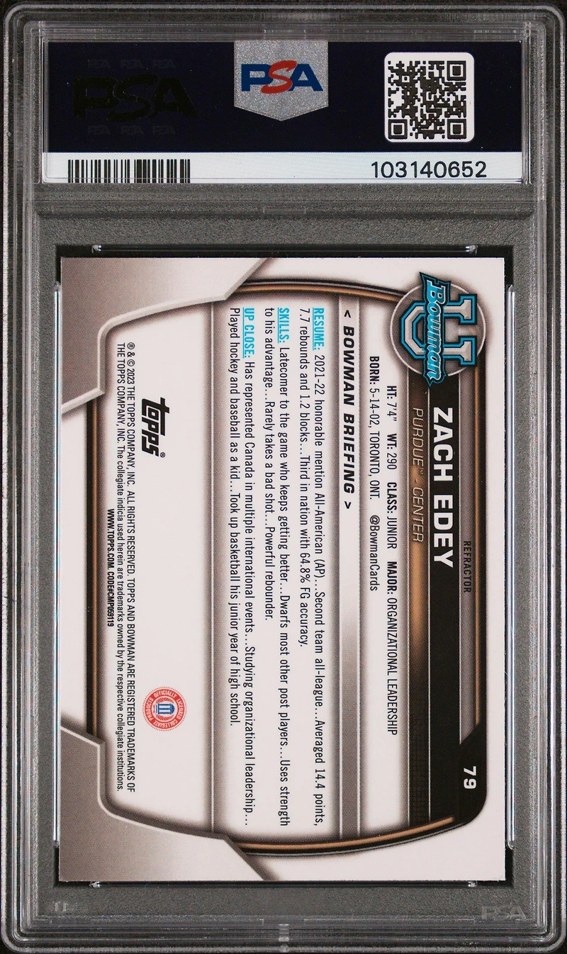 2022 Bowman Chrome University 79 Zach Edey Refractor PSA 10