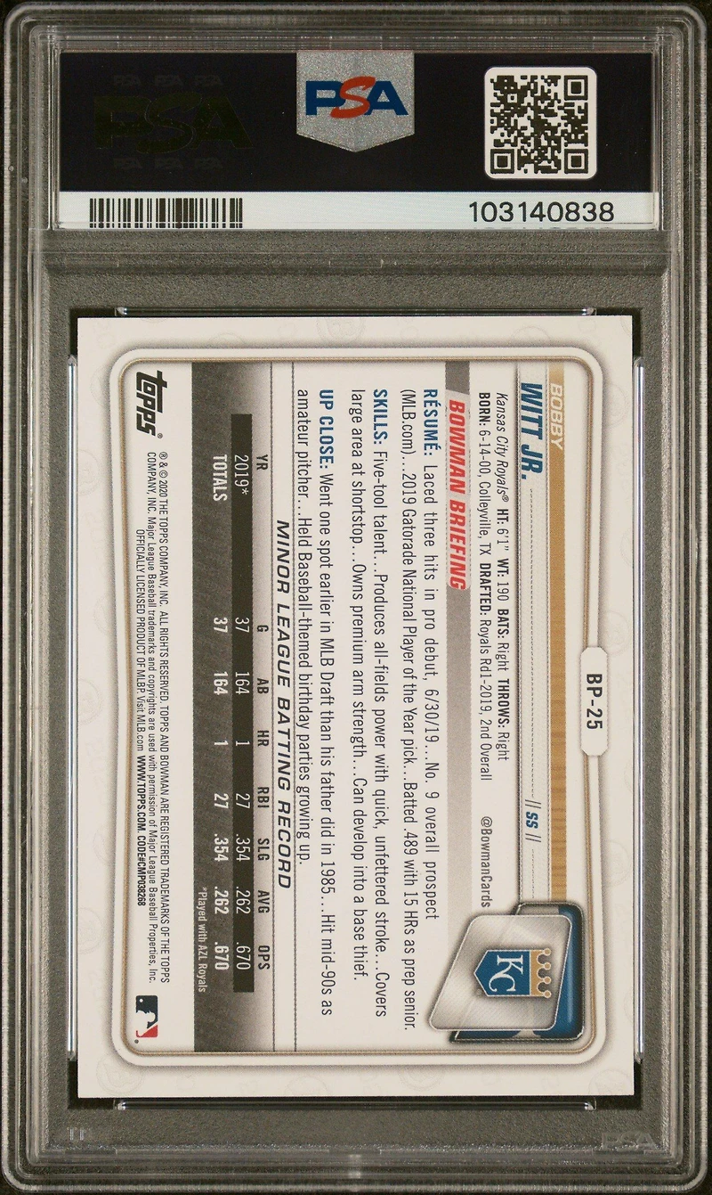 2020 Bowman Paper Prospects Bp25 Bobby Witt Jr. PSA