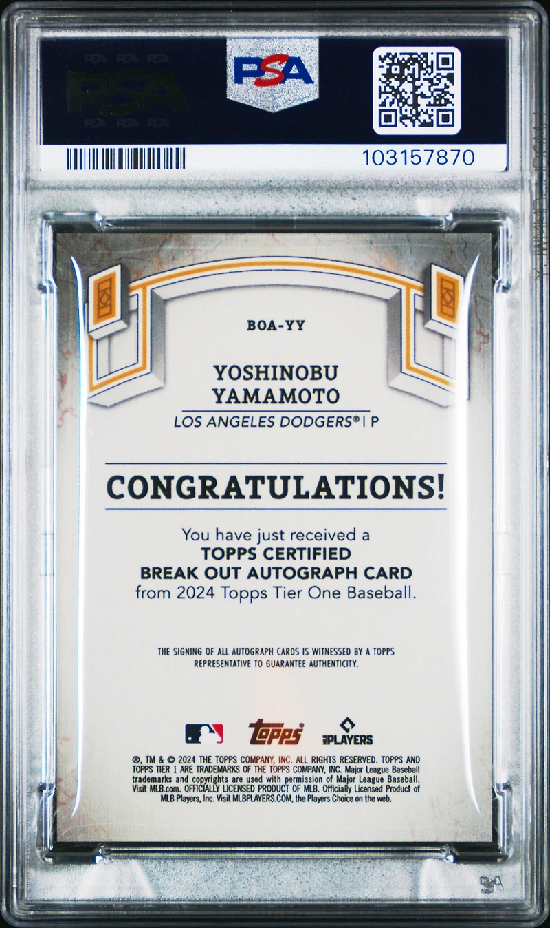 2024 Topps Tier One Break Out Autographs Boayy Yoshinobu Yamamoto PSA 9