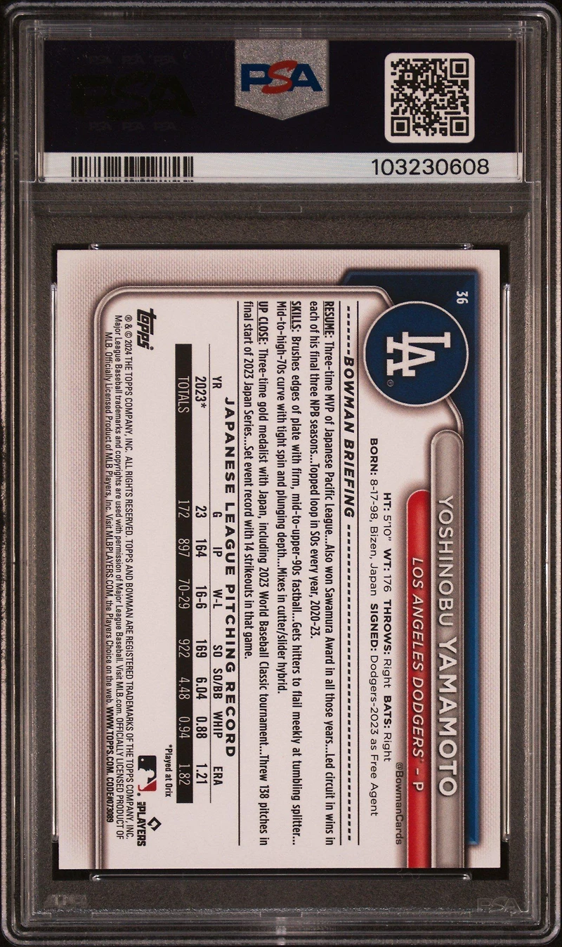 2024 Bowman 36 Yoshinobu Yamamoto PSA 10