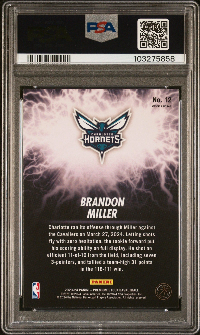 2023 Panini Hoops Premium Stock High Voltage 12 Brandon Miller PSA 10
