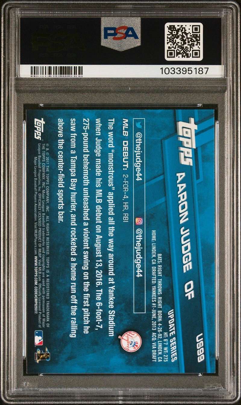 2017 Topps Update Us99 Aaron Judge Rookie Debut PSA