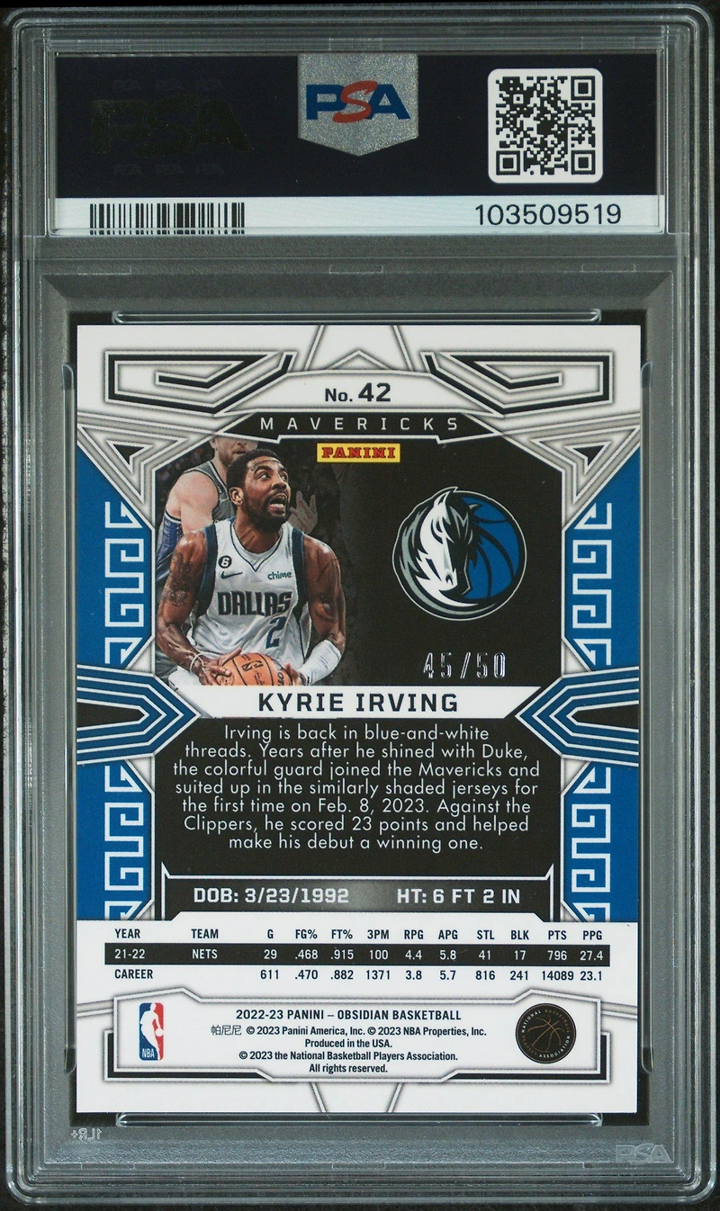 2022 Panini Obsidian 42 Kyrie Irving Electric Etch Orange PSA 10