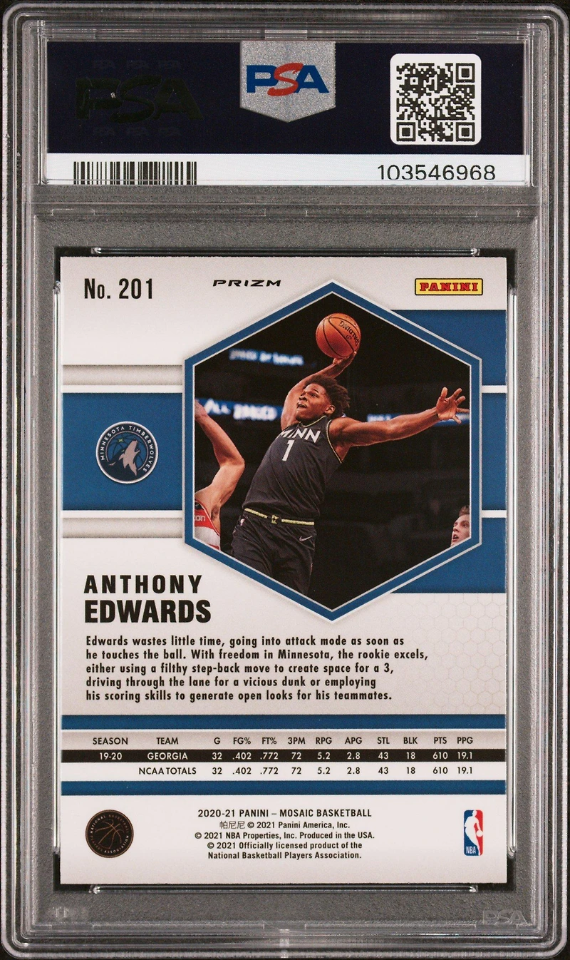 2020 Panini Mosaic 201 Anthony Edwards Reactive Blue PSA 10