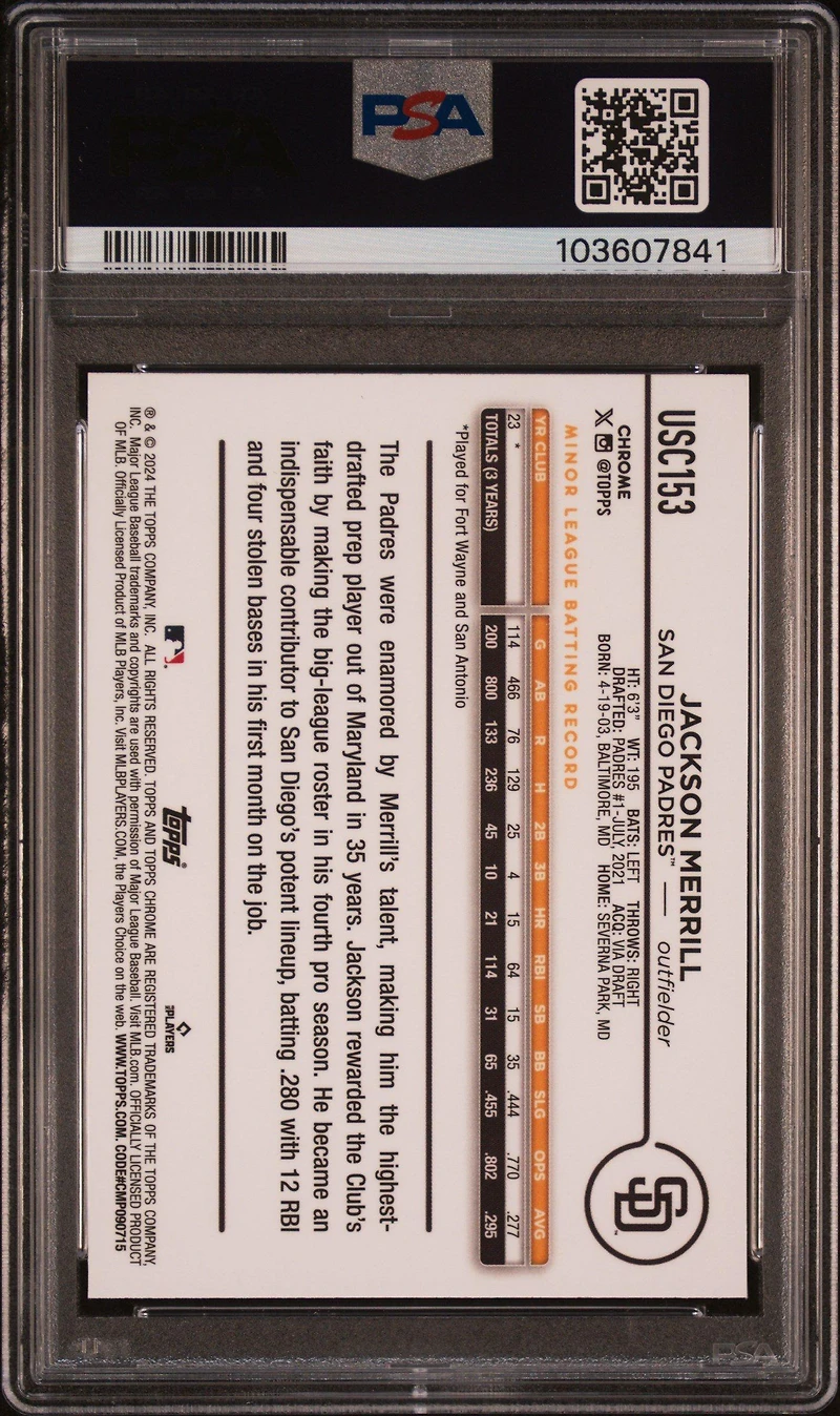 2024 Topps Chrome Update Usc153 Jackson Merrill X-fractor PSA 10