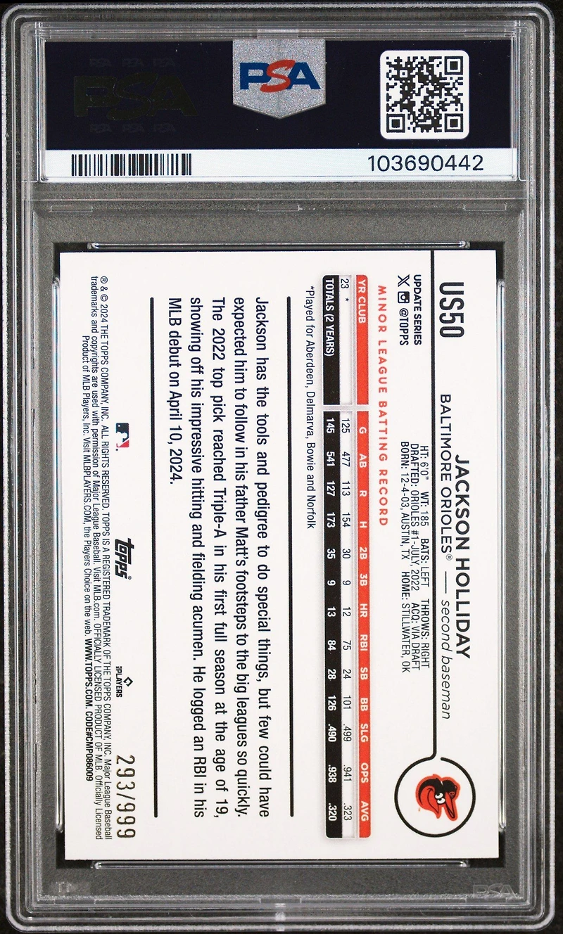 2024 Topps Update Us50 Jackson Holliday Blue Holo Foilboard PSA 10