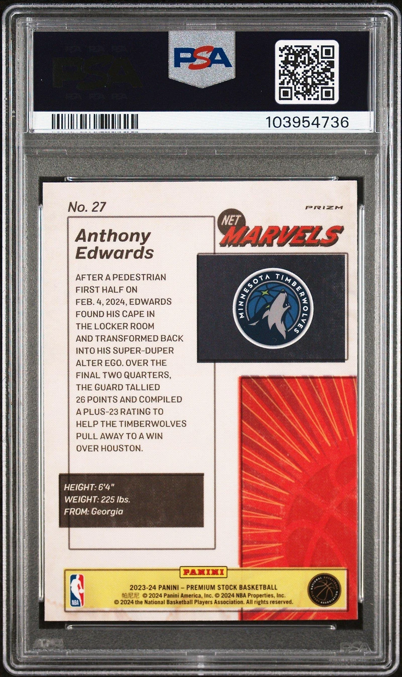 2023 Panini Hoops Premium Stock Retro Net Marvels 27 Anthony Edwards PSA 10