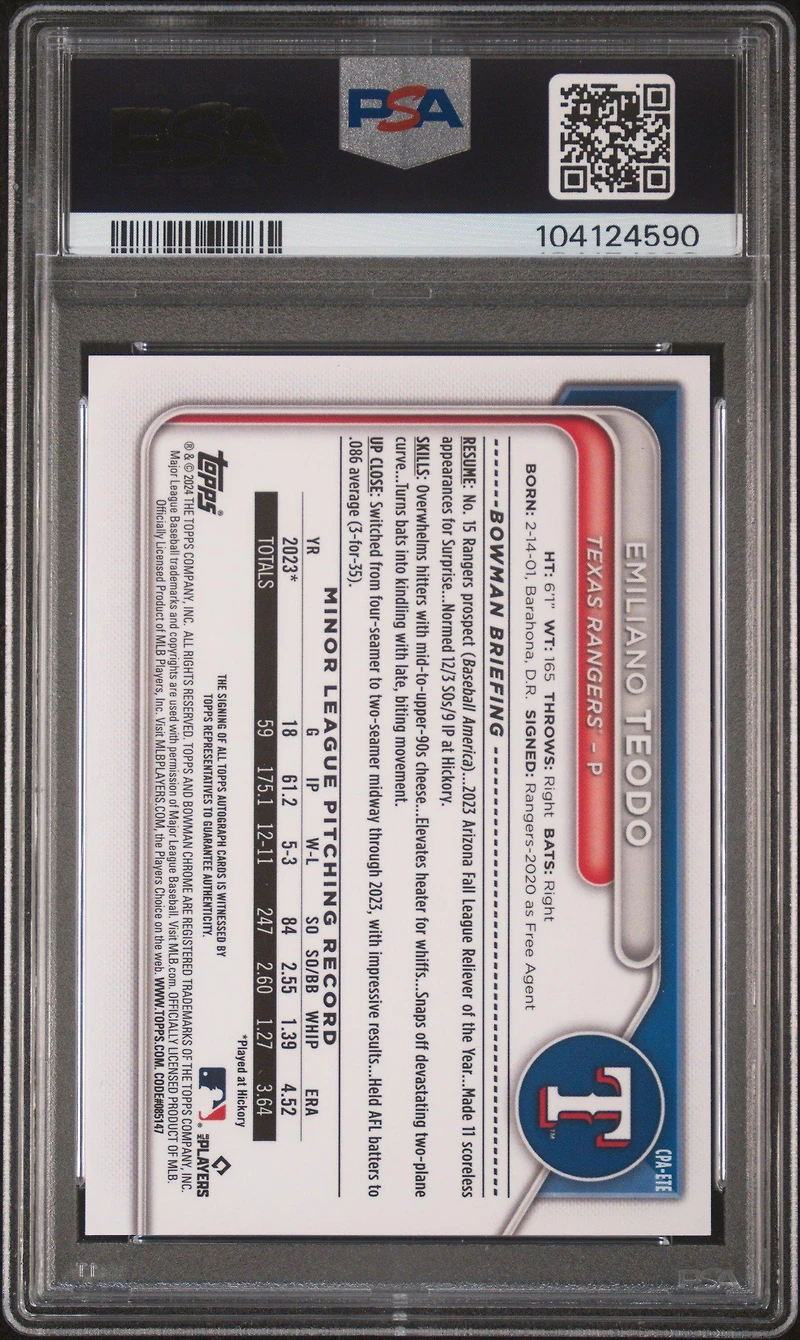 2024 Bowman Chrome Prospect Autographs Cpaete Emiliano Teodo Gold Refractor PSA 9