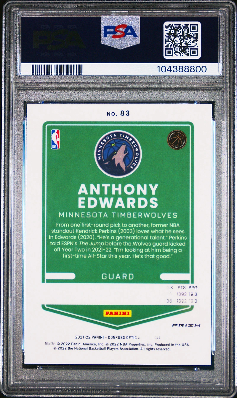 2021 Panini Donruss Optic 83 Anthony Edwards Checkerboard PSA 9
