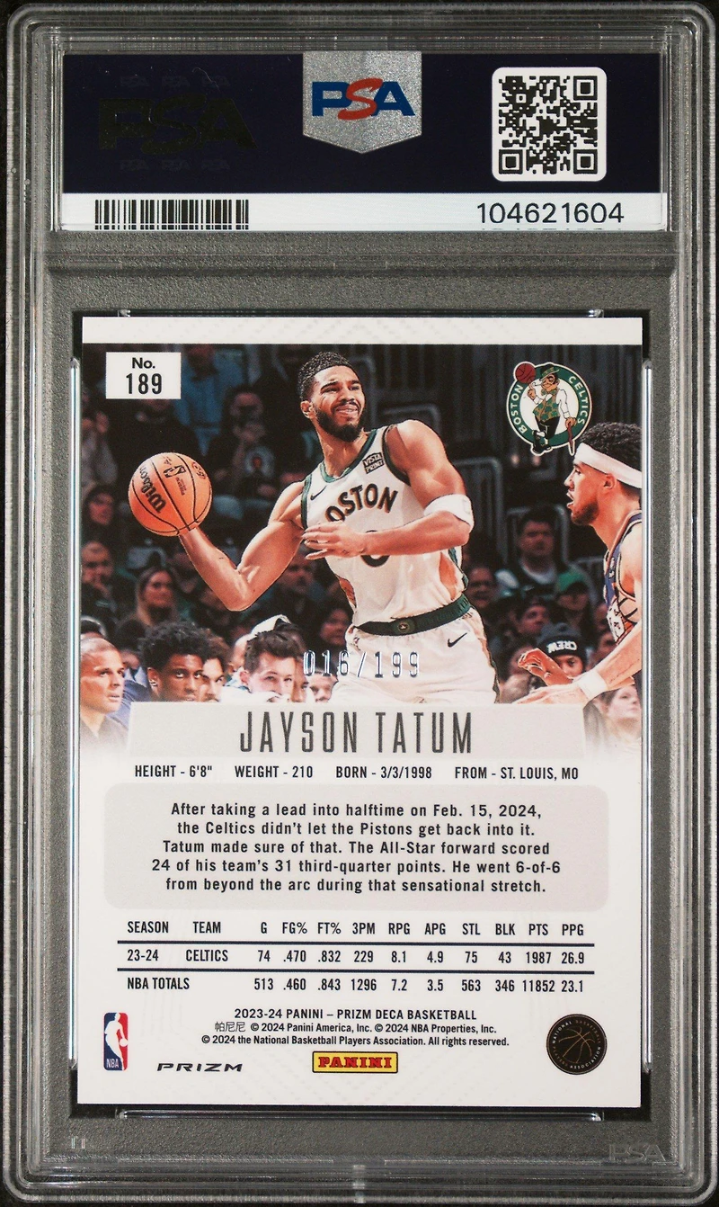 2023 Panini Prizm Deca 189 Jayson Tatum Red Prizm PSA 10