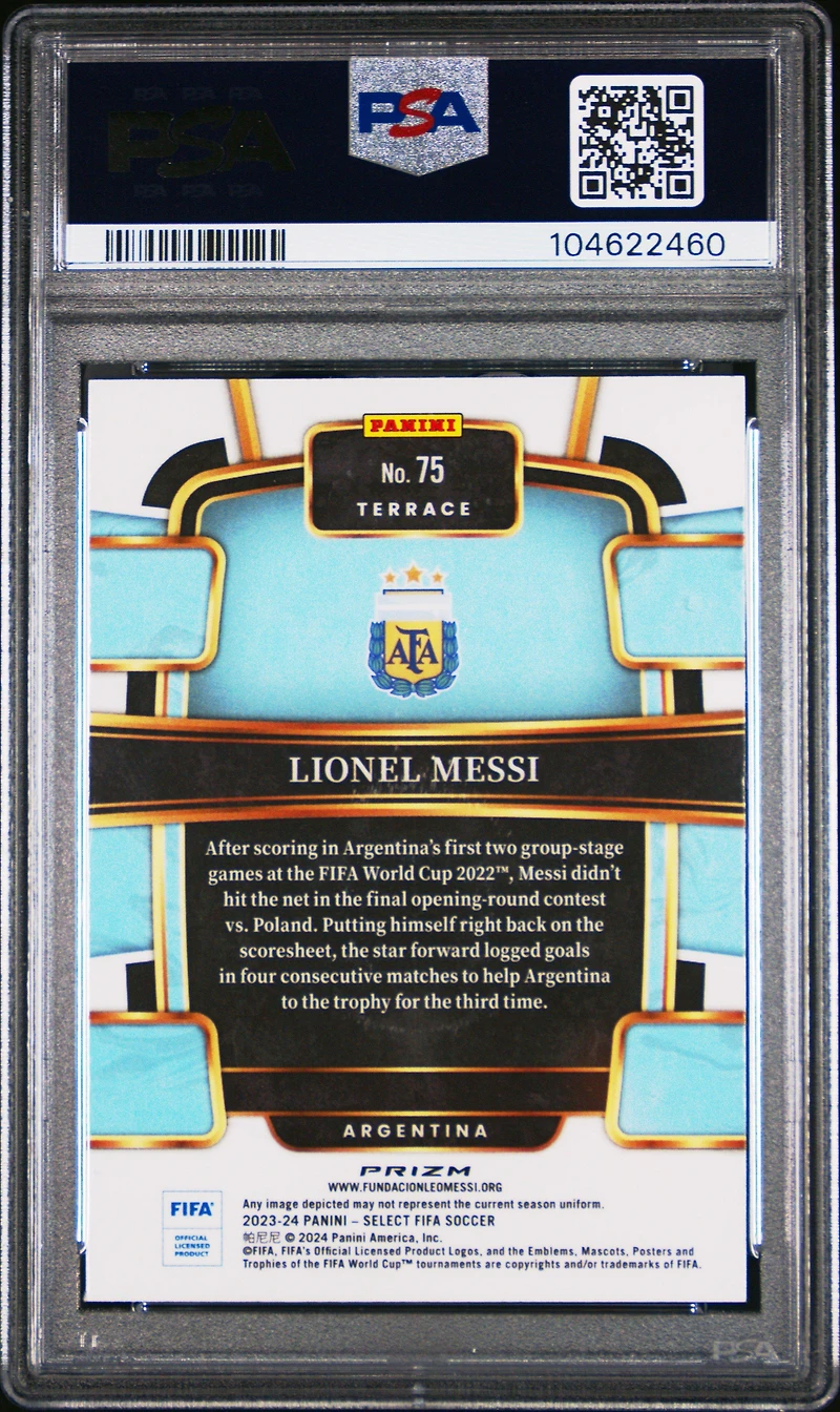 2023-24 Panini Select Fifa 75 Lionel Messi Purple Mojo PSA 10