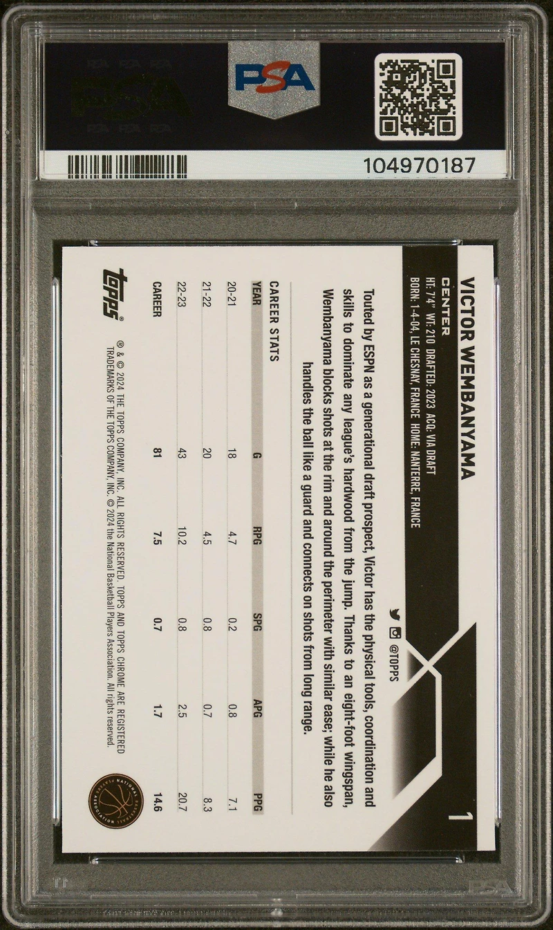 2023 Topps Chrome 1 Victor Wembanyama PSA 10