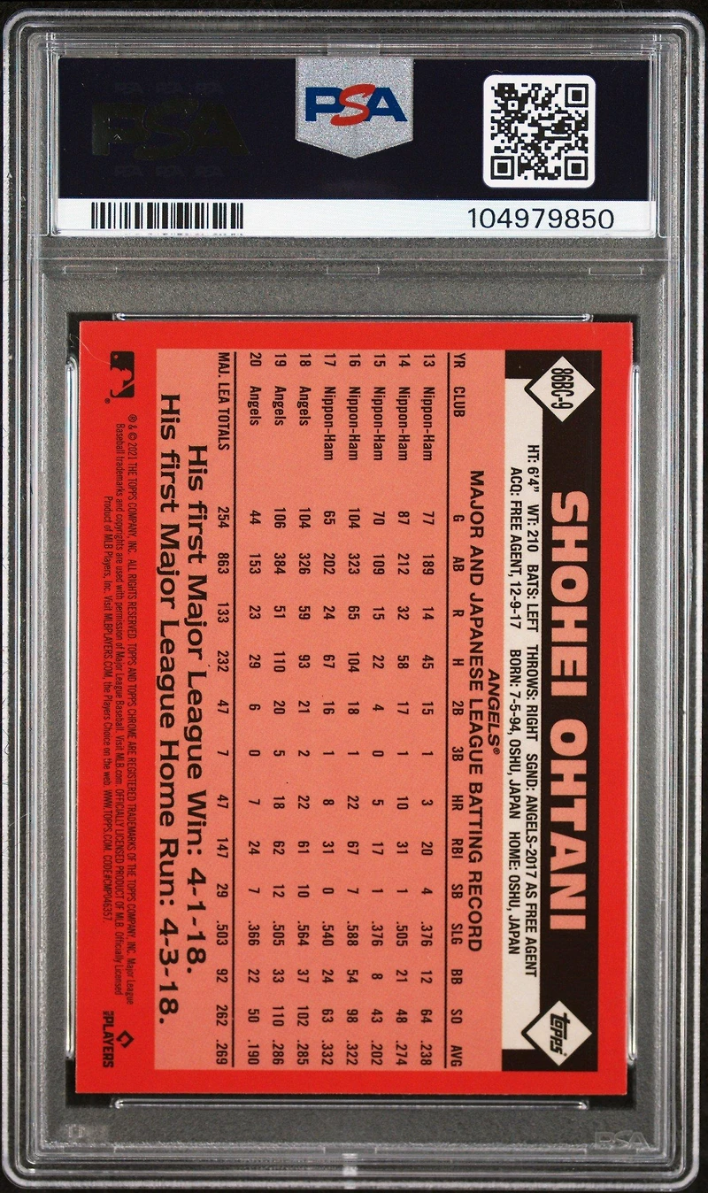 2021 Topps Chrome 1986 Topps Baseball 86bc9 Shohei Ohtani PSA 10