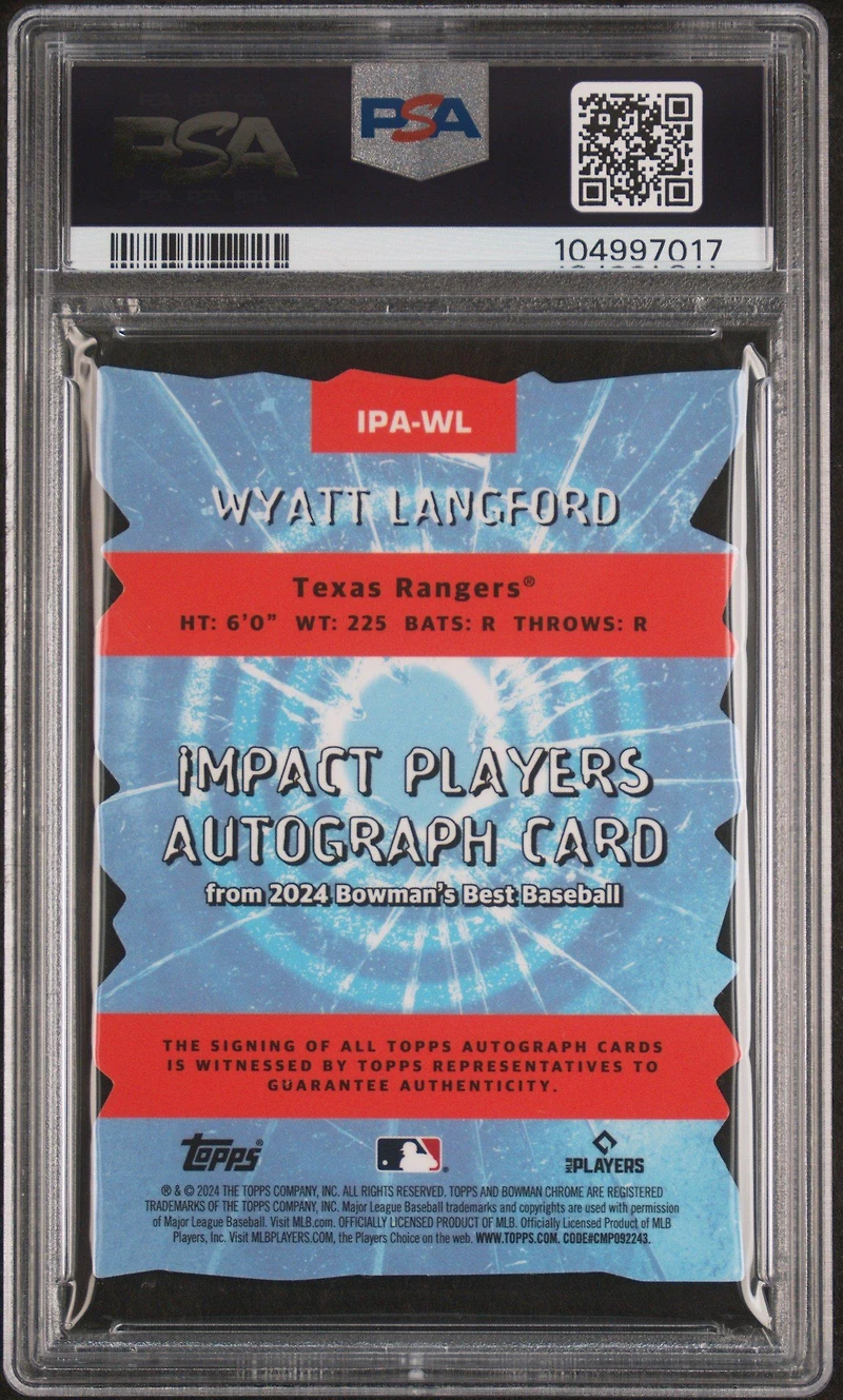 2024 Bowman's Best Impact Players Autographs Ipawl Wyatt Langford PSA 10