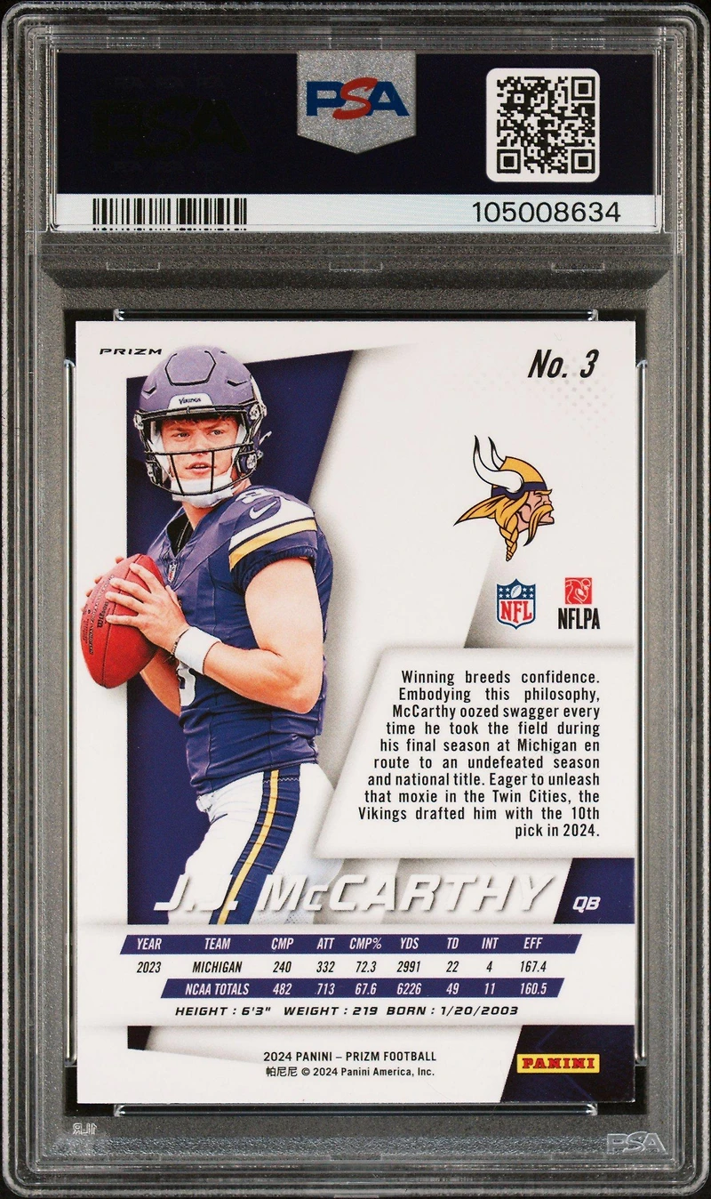 2024 Panini Prizm Prizm Flashback Rookie 3 Jj Mccarthy PSA 9