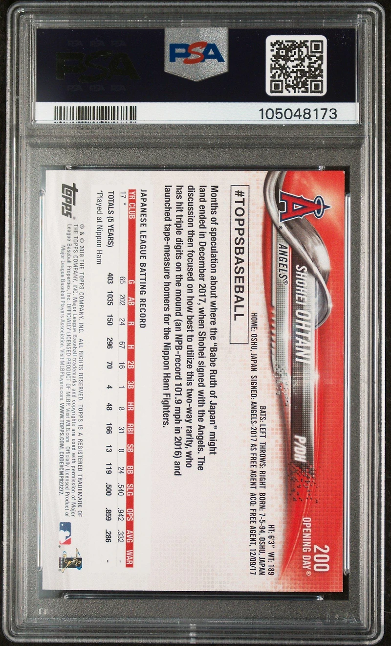 2018 Topps Opening Day 200 Shohei Ohtani PSA 9