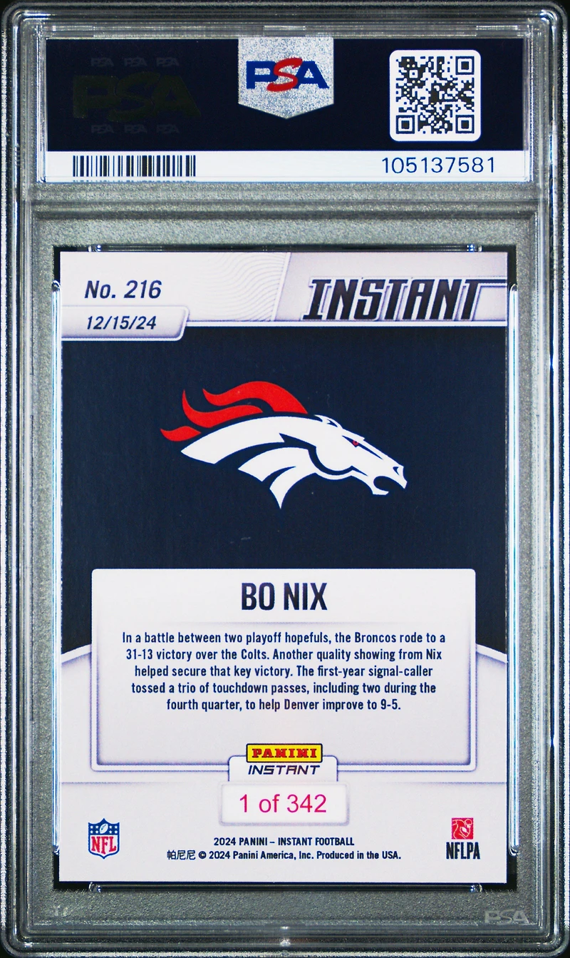2024 Panini Instant Nfl 216 Bo Nix PSA 10