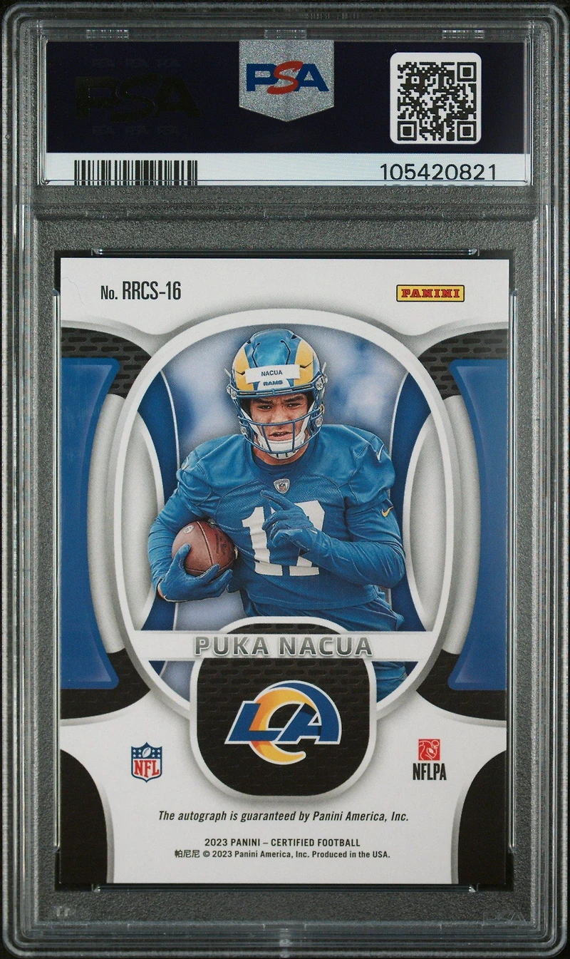 2023 Panini Certified Rookie Roll Call Signature Rrcs16 Puka Nacua Mirror Teal PSA 10