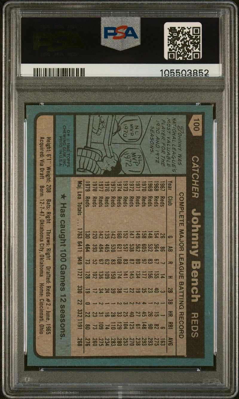 1980 Topps 100 Johnny Bench PSA 10