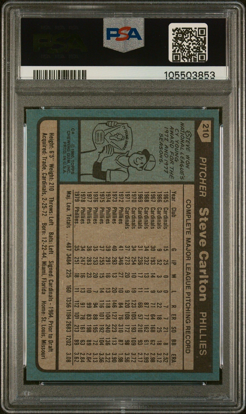 1980 Topps 210 Steve Carlton PSA 10