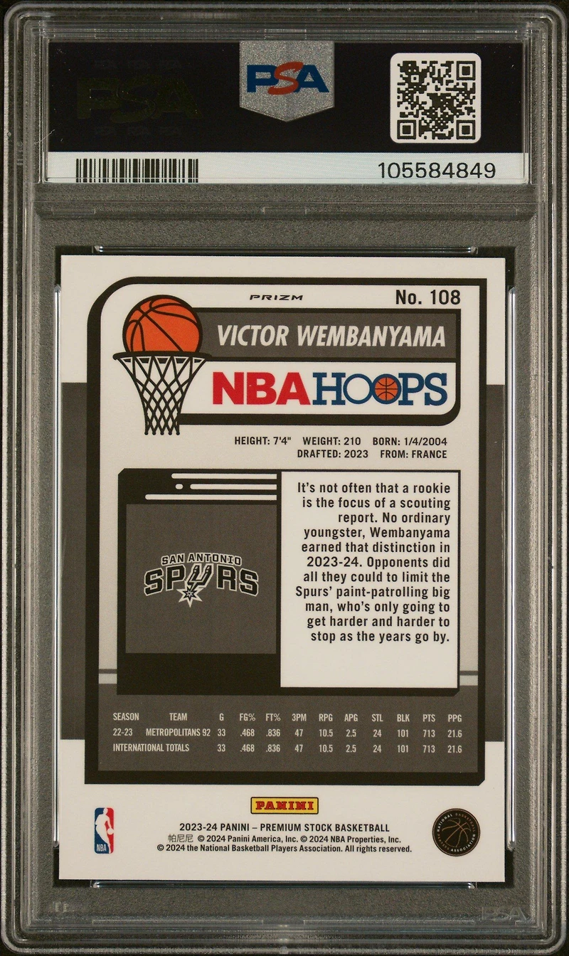 2023 Panini Hoops Premium Stock 108 Victor Wembanyama Silver Prizm PSA