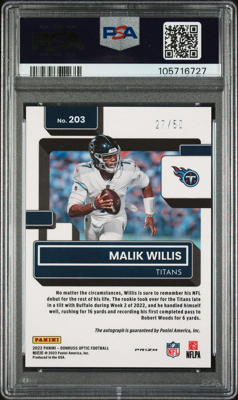 2022 Panini Donruss Optic 203 Malik Willis Autograph-pink Velocity PSA 10