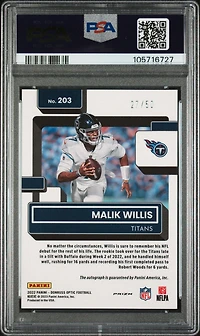 2022 Panini Donruss Optic 203 Malik Willis Autograph-pink Velocity PSA 10