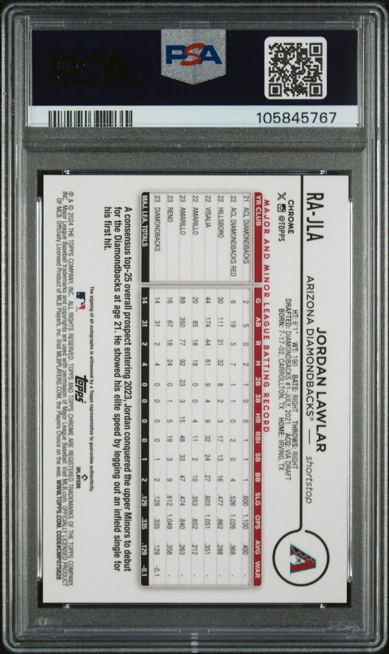 2024 Topps Chrome Rookie Autographs Rajla Jordan Lawlar PSA 10