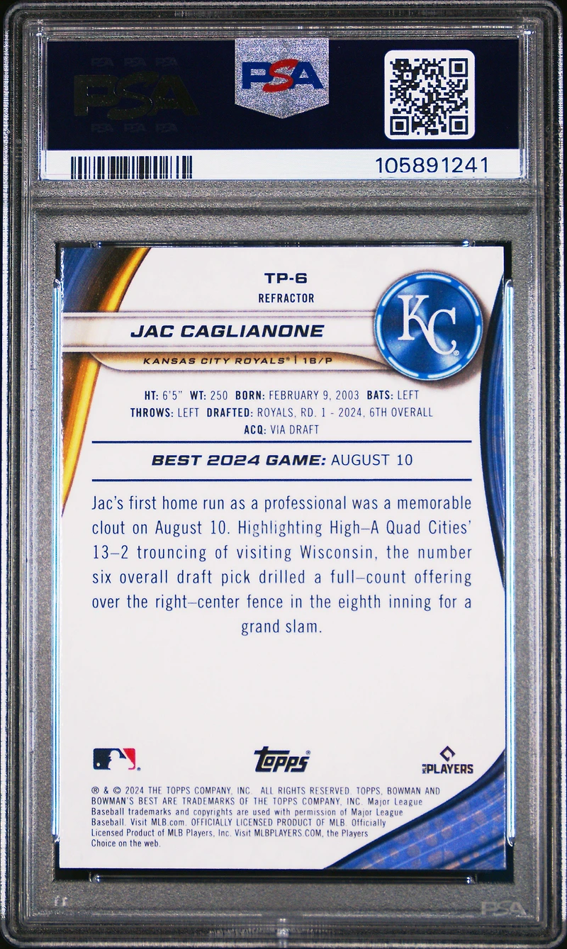 2024 Bowman's Best Top Prospects Tp6 Jac Caglianone Refractor PSA 10