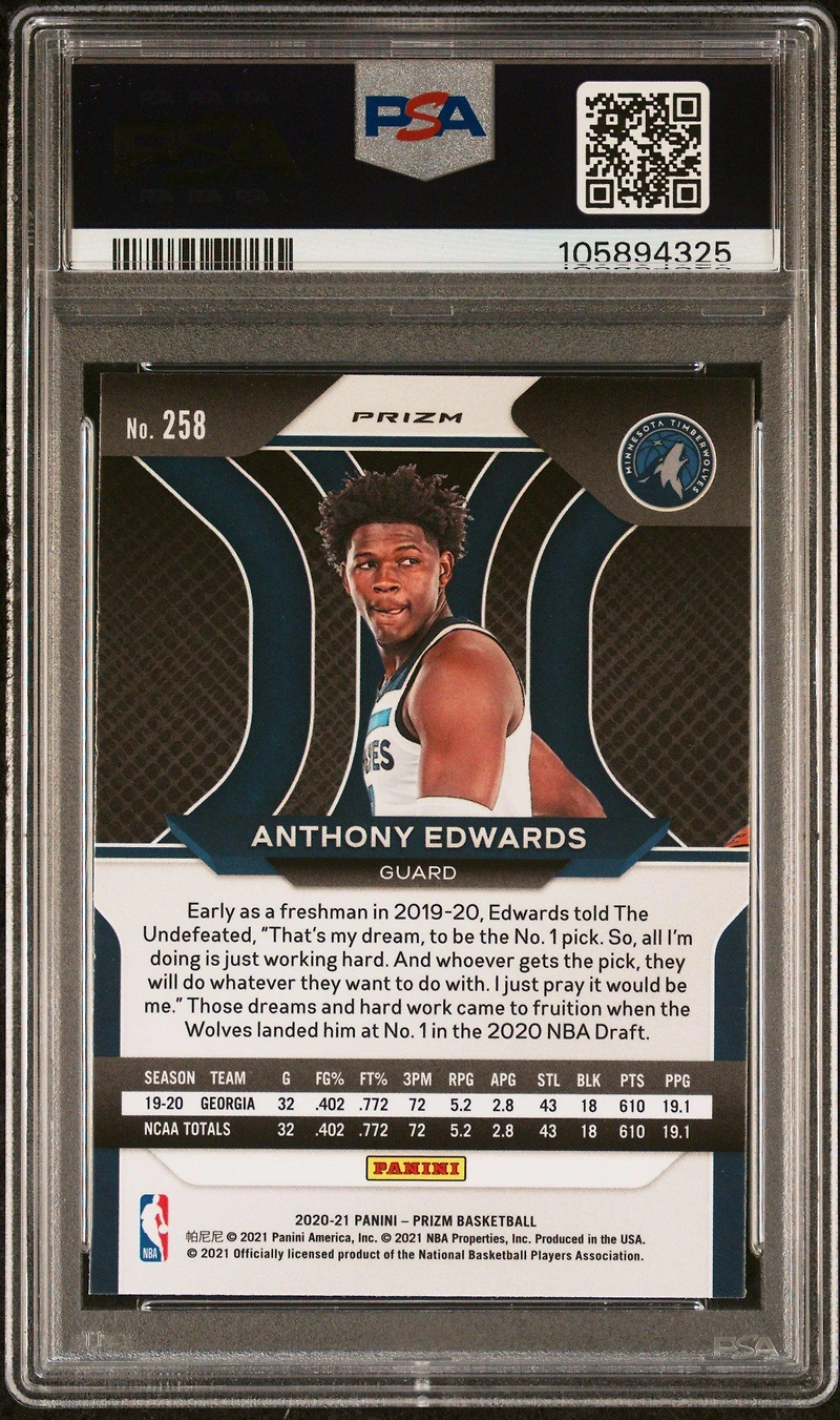 2020 Panini Prizm 258 Anthony Edwards Red/white/blue Prizm PSA 9