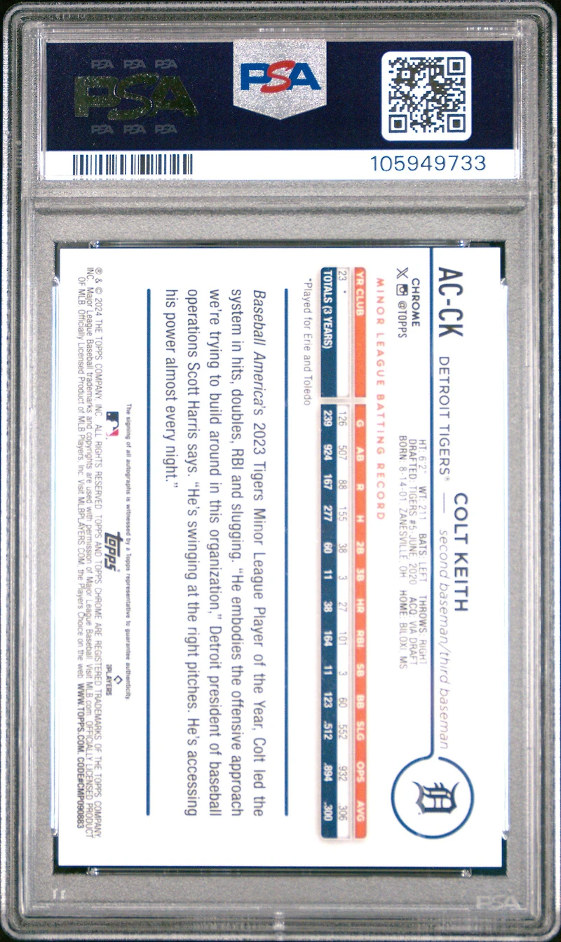 2024 Topps Chrome Update Chrome Baseball Update Series Autographs Acck Colt Keith Blue Refractor PSA 10