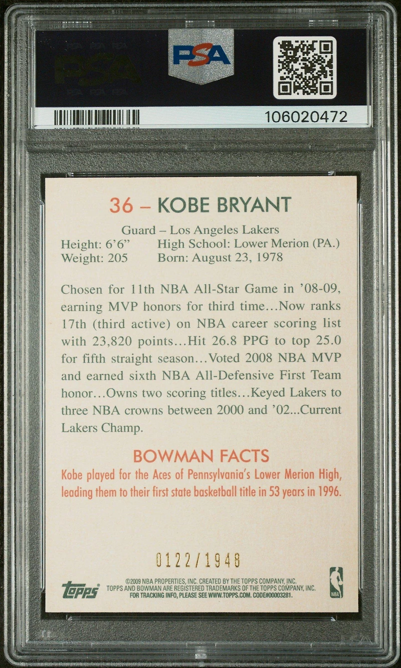2009 Bowman '48 36 Kobe Bryant PSA